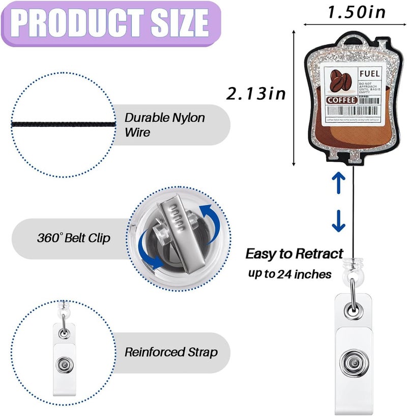 Bydevia Funny Coffee Fuel Glitter Badge Reel Retractable for Nurse Nursing RN CNA LPN Medical Worker & Office Staff | Cute Nurse Gifts, Coffee IV Bag Badge Holder with Alligator Clip & 24” Durable Nylon Cord - Image 2